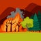 Fire in the forest. Wildfire. Vector illustration of burnt landscape, nature disaster, ecology catastrophe in flat style