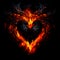 Fire heart isolated on black background. Flame symbol of love, intense emotions, passion. Gift for Valentine's Day