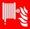 Fire hose reel symbol. Emergency sign on red background