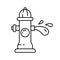 Fire hydrant with water stream. Line art icon of fireplug and splash of aqua. Cartoon black illustration of street pipe with three