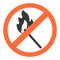 Fire icon. Burning match. Crossed circle. Restricted flame ignition. Stop emblem. Hazard flammable symbol. Forbidden