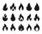 Fire icons. Burning flame silhouette logos, simple fire symbols for hot sauce and kitchen grill. Vector fire energy