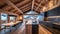 The fire illuminates the wooden ceiling beams and creates a warm inviting atmosphere in the otherwise sleek and