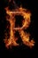 Fire letter R made of burning letters on black background