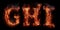 Fire letters GHI font alphabet made of burning letters on black background