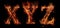 Fire letters GHI font alphabet made of burning letters on black background