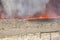 Fire line and dense gray smoke from a large wildfire over a partially burned area in the desert