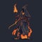 Fire mage vector illustration. Dark wizard. Fairytale sorcerer casting and firing a spell