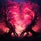 fire in the night, background with fire, background with tree, background, A massive tree with a mysterious pink fire, love tree