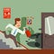 Fire in office, man with extinguisher running to help, emergency situation alarm, vector illustration