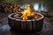 fire pit with burnt logs and scattered ashes