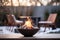 Fire pit close-up on blurred Cozy backyard With sitting area background in winter