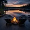 Fire pit flames glowing on a cottage dock at almost dusk, two chairs sitting by the fire.