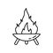 Fire Pit on three legs. Symbol of making campfire outdoors and traveling. Diwali festival icon. Line art round bonfire bowl. Black