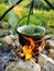 fire and pot over the fire, in the pot brewed mint grass, the fire is surrounded by large stones