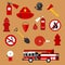 Fire safety, firefighter and protection flat icons