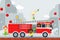 Fire safety study excursion, vector illustration. Children have fun in fire engine. Boy, girl learn about fireman work