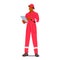 Fire Safety Worker Male Character Wear red Uniform with Tablet in Hands Ensures Public Safety By Monitoring Fire Hazards