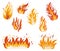 Fire set. Fiery flame, bright fireball, thermal forest fire and a red-hot bonfire. Flames of different shapes. Vector fire flame