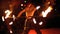 Fire Show Performance on Stage. Young Man Dancing with Fiery Fans on a Night Show. Slow Motion