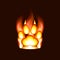 Fire silhouette of a paw print with claws in a flame of fire. Animal footprint and predator trace. Cat, lion, leopard, tiger, fox.