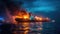 Fire and smoke on cargo ship at dusk, tanker burning in sea after explosion, accident on industrial vessel in ocean water at night