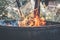 Fire and smoke in old iron barrel , garden waste incineration process closeup, Bonfire background. Selective focus, grain effect