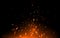 Fire sparks and particles on dark backdrop. Realistic bonfire with heat effect. Hell fire and light flame. Flying up