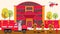 Fire station vector illustration. Firefighters men, fire truck engine in front of rescue service building, helicopter.