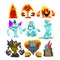 Fire, Stone and Water Monsters Set, Fantasy Mystic Creatures Elementals Cartoon Characters Vector Illustration