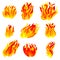Fire, Torch Flame Icons Set Isolated on White Background. Burning Campfire or Candle Blaze Effect