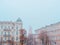 Fire tower, a historical monument in the center of Kyiv. Panorama against the background of fog. Close-up