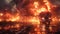 A fire truck battles flames in a fiery landscape, surrounded by smoke and heat