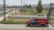 Fire truck in industrial plant. A large red fire rescue vehicle in the chemistry refinary plant. Fire safety concept