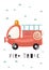 Fire Truck Nursery Wall Art Cute Poster with Red Firetruck. Vector Print for Baby Room