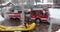 Fire truck stuck in flooded street.