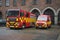 Fire trucks at the building control the fire service. Copenhagen, Denmark