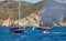 Fire on Turkish yacht in the Mediterranean Sea. Another yacht and boat came to the rescue. The yacht is all on fire. Oludeniz,Feth