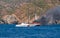 Fire on Turkish yacht in the Mediterranean Sea. Coast guard boat came to the rescue. The yacht is all on fire. Oludeniz,Fethiye,Mu