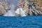 Fire on Turkish yacht in the Mediterranean Sea. White thick steam after discharge water to extinguish. Oludeniz,Fethiye,Mugla,Turk