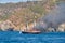 Fire on Turkish yacht in the Mediterranean Sea. The yacht is all on fire. Close-up. Oludeniz,Fethiye,Mugla,Turkey