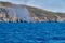 Fire on Turkish yacht in the Mediterranean Sea. The yacht is all on fire. The far plan. Oludeniz,Fethiye,Mugla,Turkey