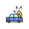 Fire under hood of car, automobile broke down, accident flat color line icon.