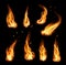 Fire, vector campfire, isolated torch flame set