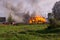 A fire in the village. Burning wooden houses in the village of Rantsevo, Tver region.