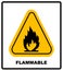 Fire warning sign in yellow triangle. High Flammable Materials