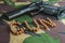 Firearm Pistol on military camouflage background