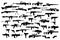 Firearms. Vector big set of different modern fire weapons. Black silhouettes on white isolated background. Side view