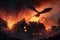 firebird flying above burning village, saving the inhabitants from destruction