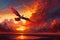 firebird soaring past fiery sunset, with orange and red hues in the sky
